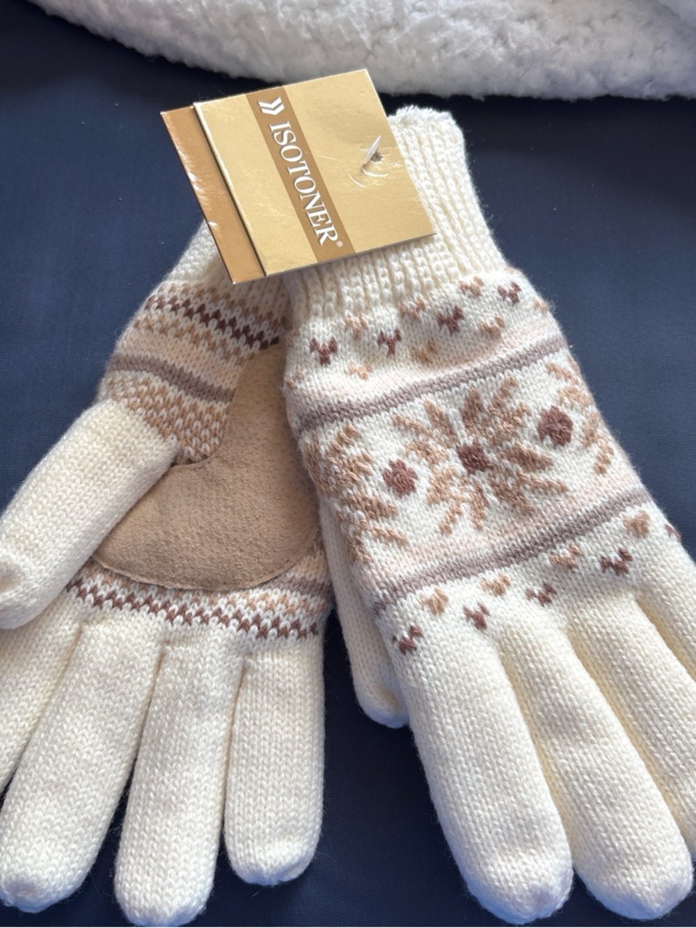 Isotoner Cream and Brown Fair Isle Knit Gloves